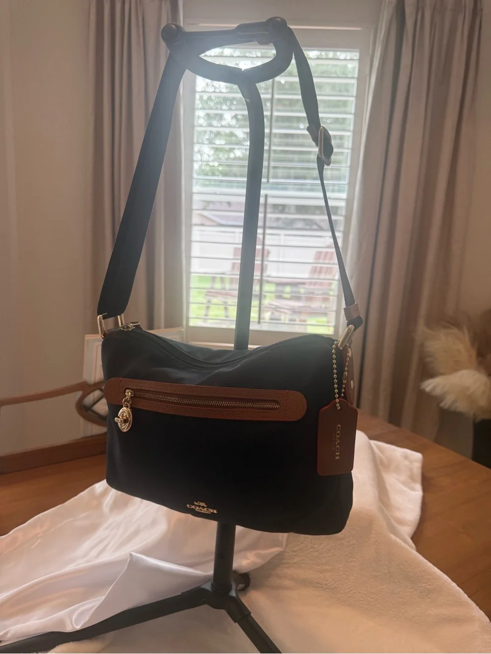 COACH Sawyer Navy Nylon Crossbody Bag with Tan leather Trim and red accents